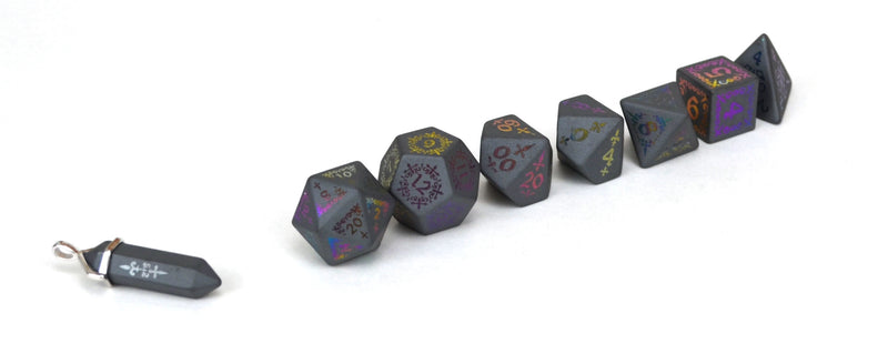 Ionized Shadow Masque Hematite Semi Precious Stone Dice Set of 7