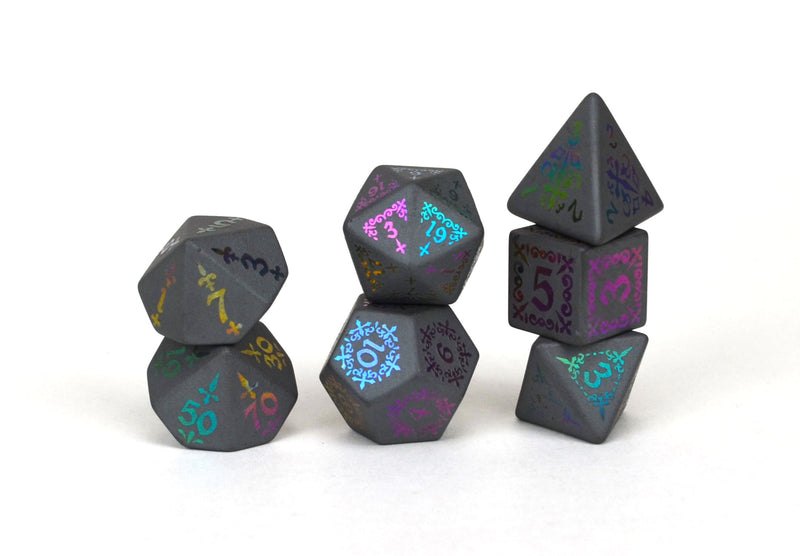 Ionized Shadow Masque Hematite Semi Precious Stone Dice Set of 7