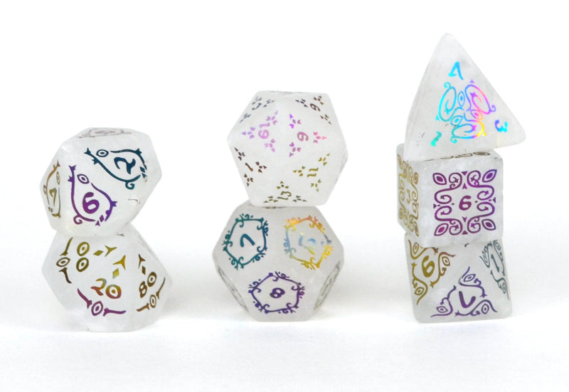 Ionized Sylvan Glyphic Raised Clear Quartz Dice Set